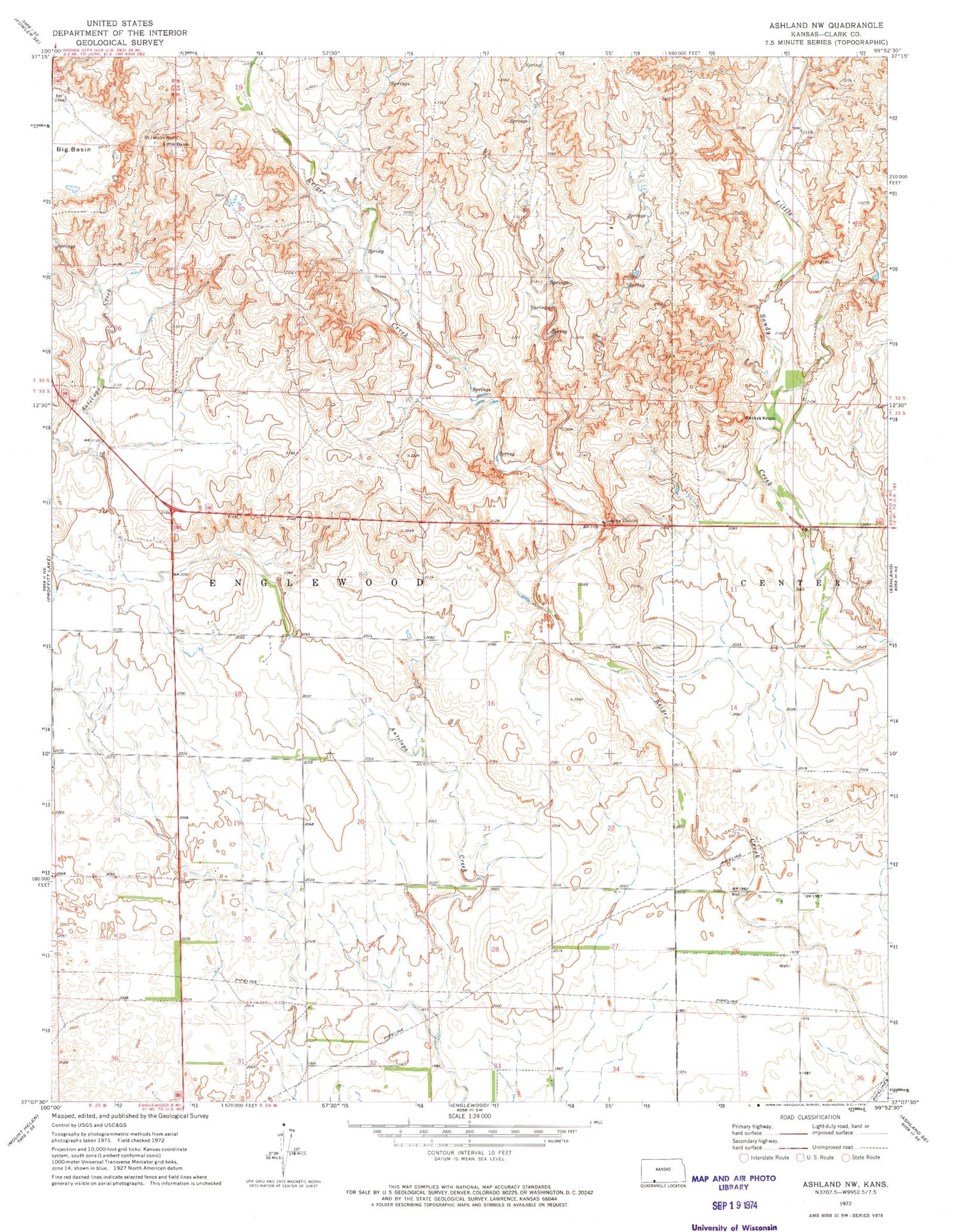 Classic USGS Ashland NW Kansas 7.5'x7.5' Topo Map Image