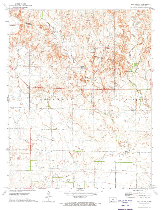 Classic USGS Ashland NW Kansas 7.5'x7.5' Topo Map Image