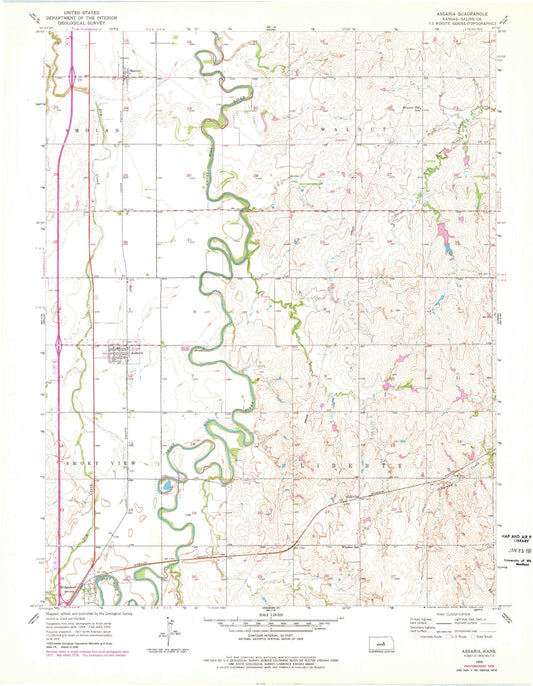 Classic USGS Assaria Kansas 7.5'x7.5' Topo Map Image
