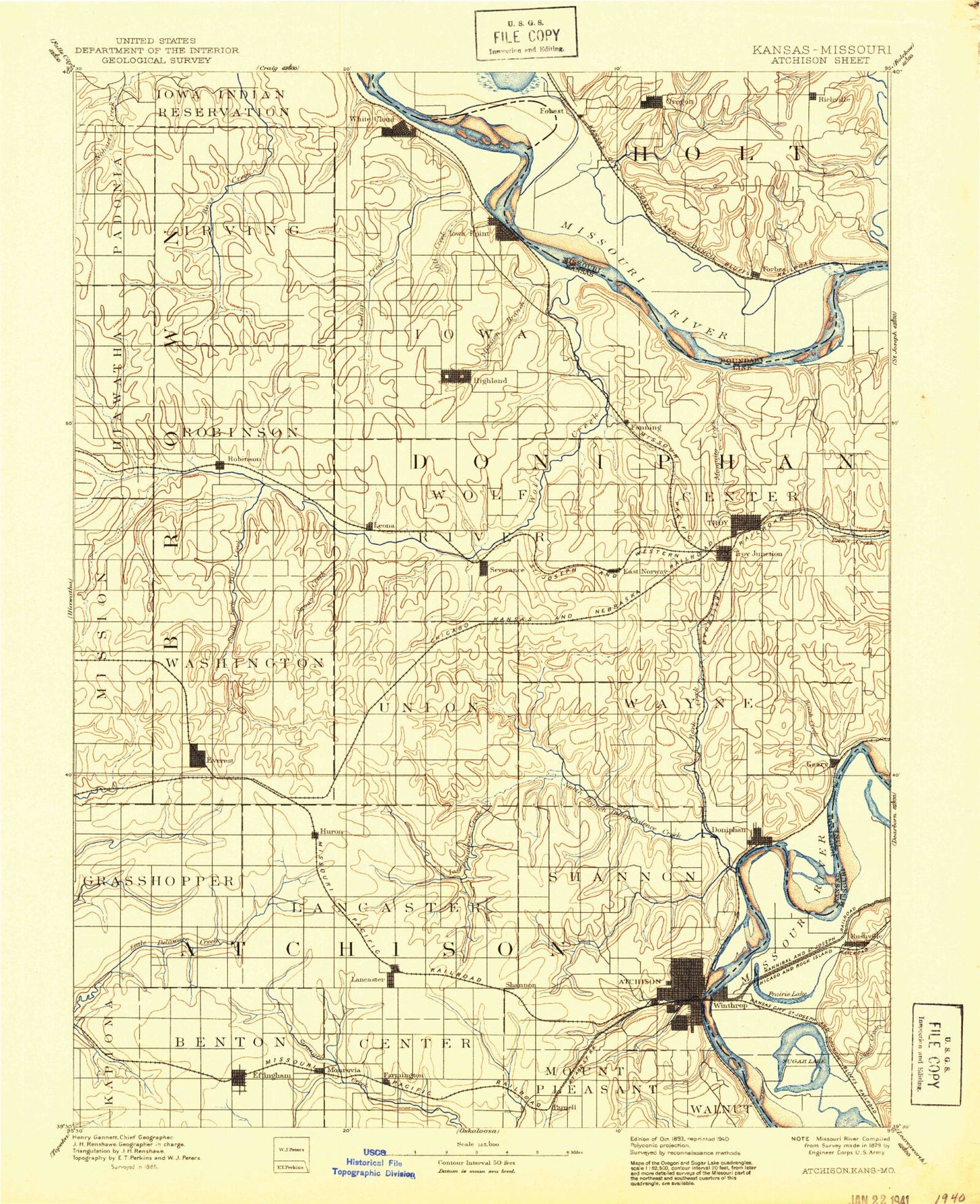 Historic 1893 Atchison Kansas 30'x30' Topo Map Image