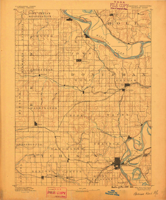 Historic 1888 Atchison Kansas 30'x30' Topo Map Image