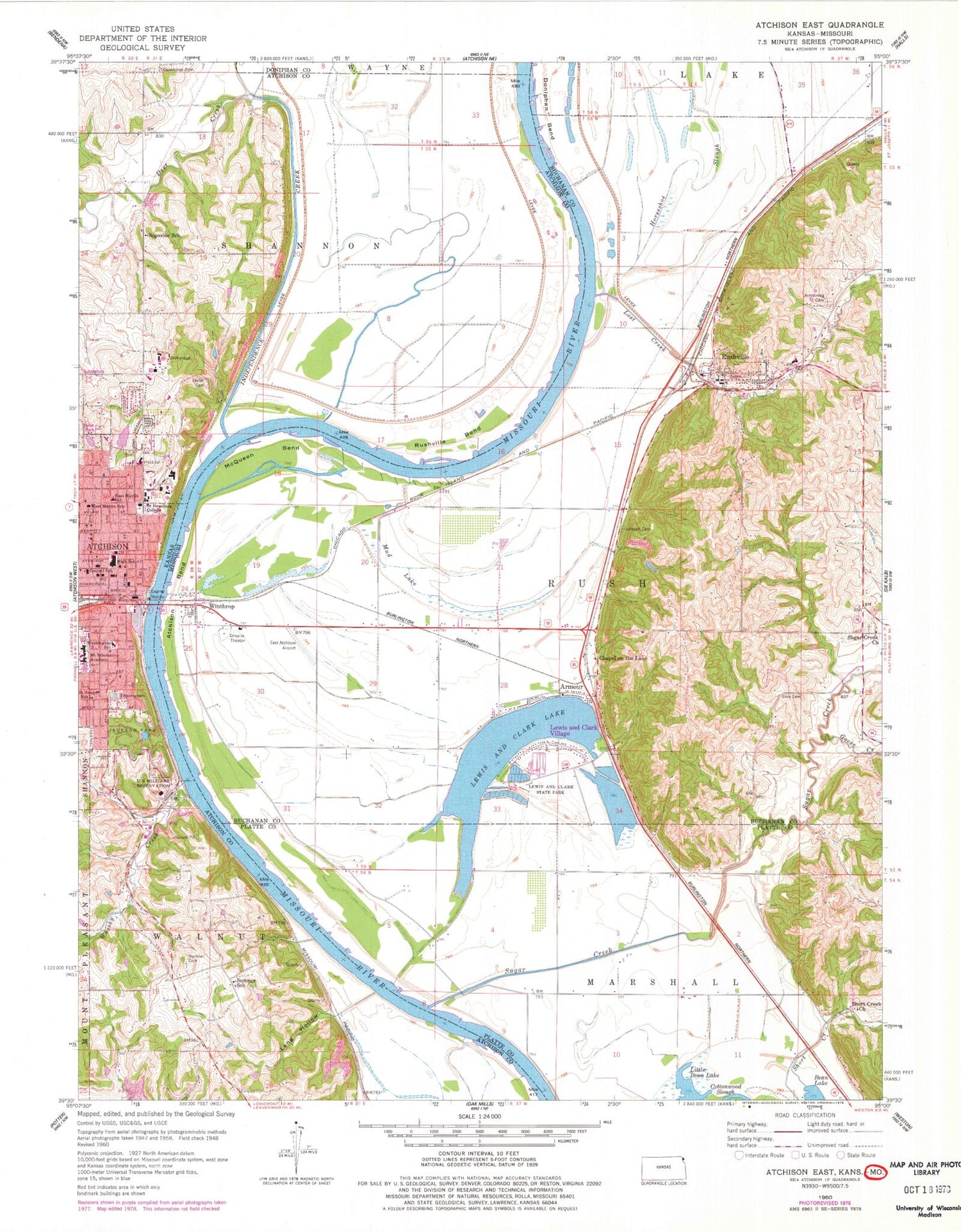 Classic USGS Atchison East Kansas 7.5'x7.5' Topo Map Image