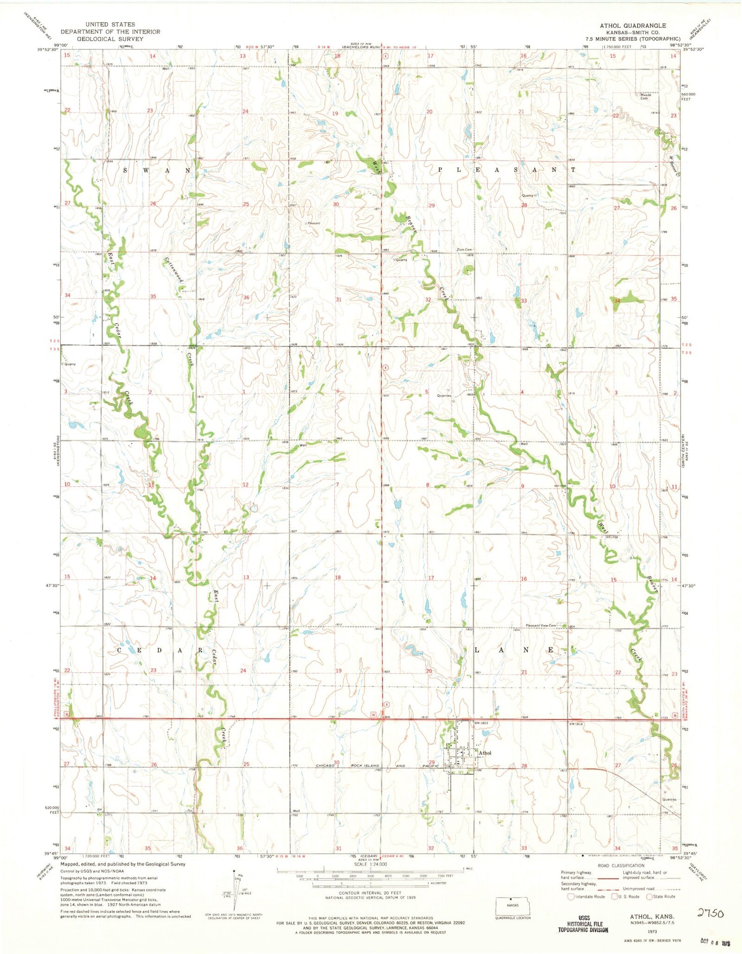 Classic USGS Athol Kansas 7.5'x7.5' Topo Map Image