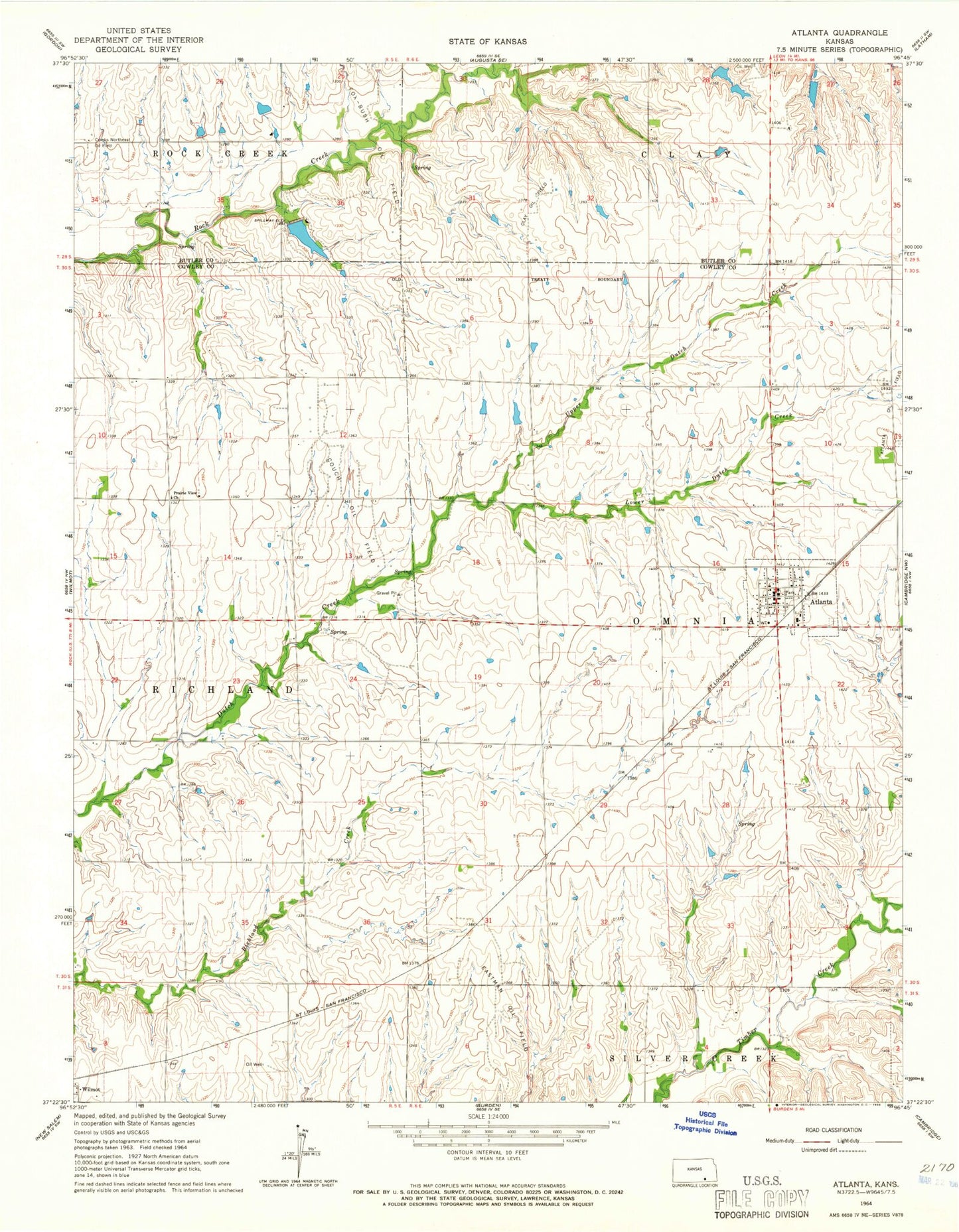 Classic USGS Atlanta Kansas 7.5'x7.5' Topo Map Image