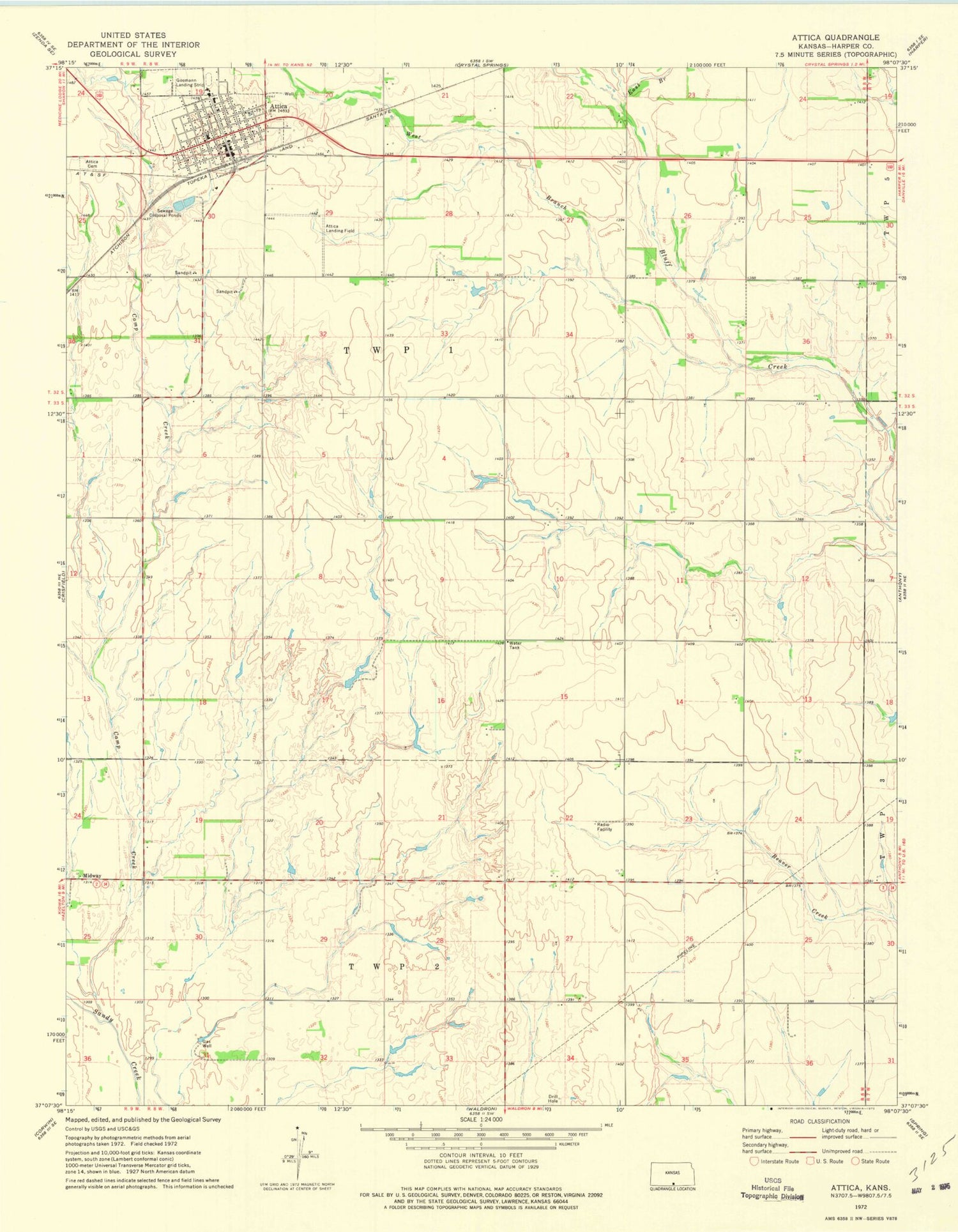 Classic USGS Attica Kansas 7.5'x7.5' Topo Map Image
