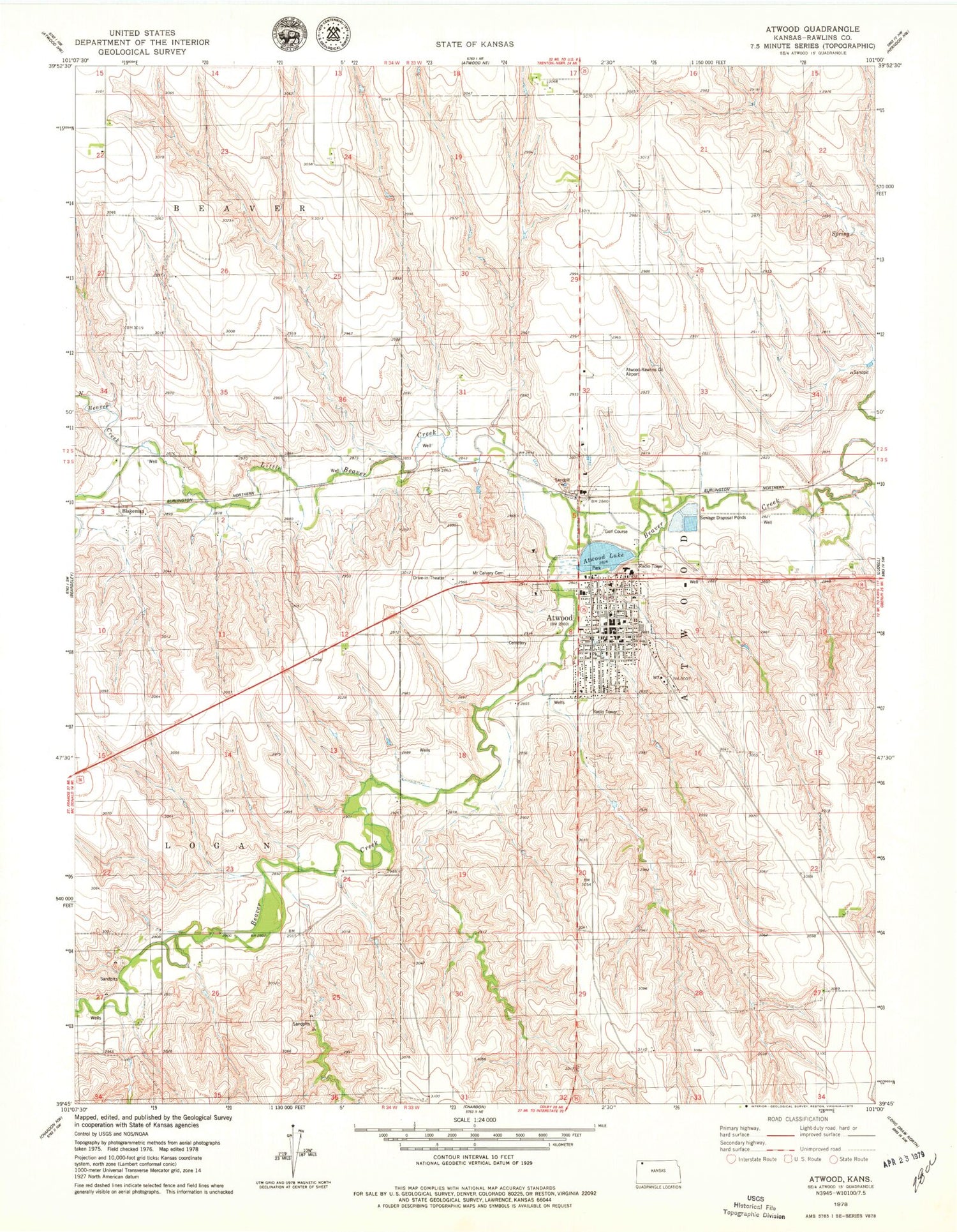 Classic USGS Atwood Kansas 7.5'x7.5' Topo Map Image