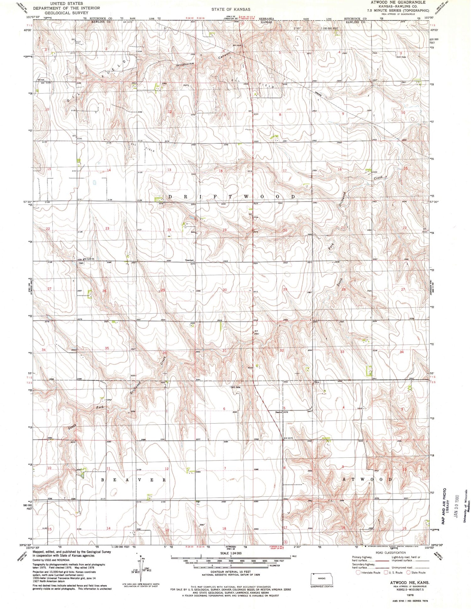 Classic USGS Atwood NE Kansas 7.5'x7.5' Topo Map Image