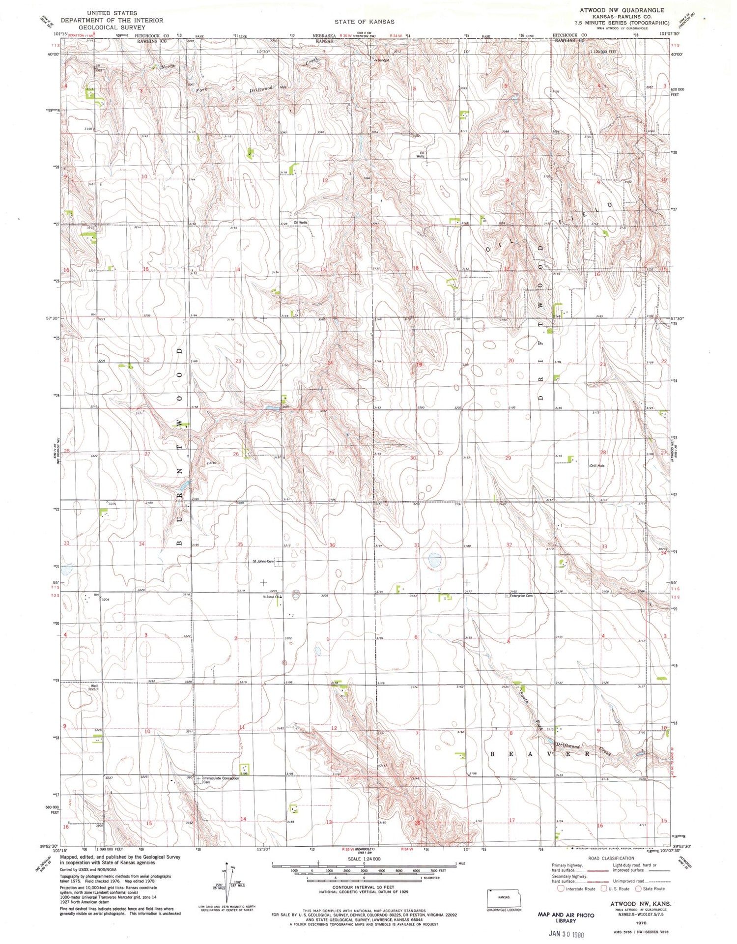 Classic USGS Atwood NW Kansas 7.5'x7.5' Topo Map Image
