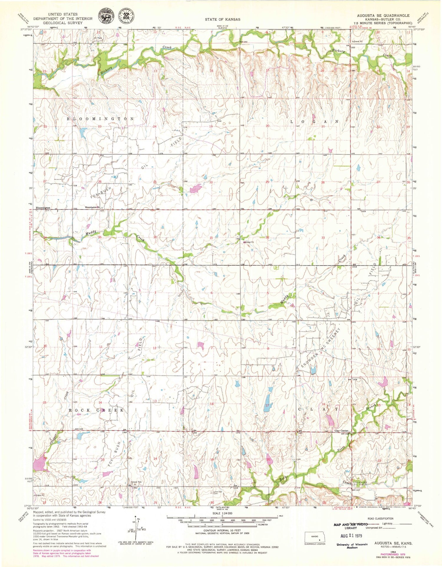Classic USGS Augusta SE Kansas 7.5'x7.5' Topo Map Image