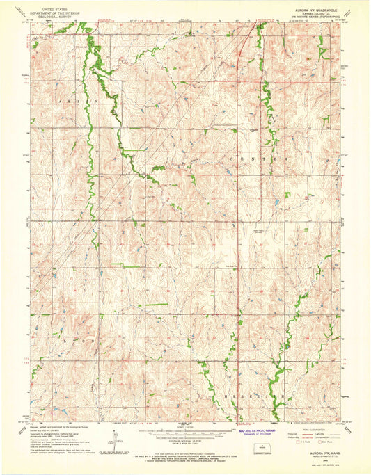 Classic USGS Aurora NW Kansas 7.5'x7.5' Topo Map Image