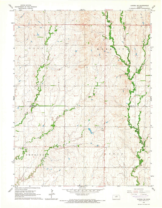 Classic USGS Aurora SW Kansas 7.5'x7.5' Topo Map Image