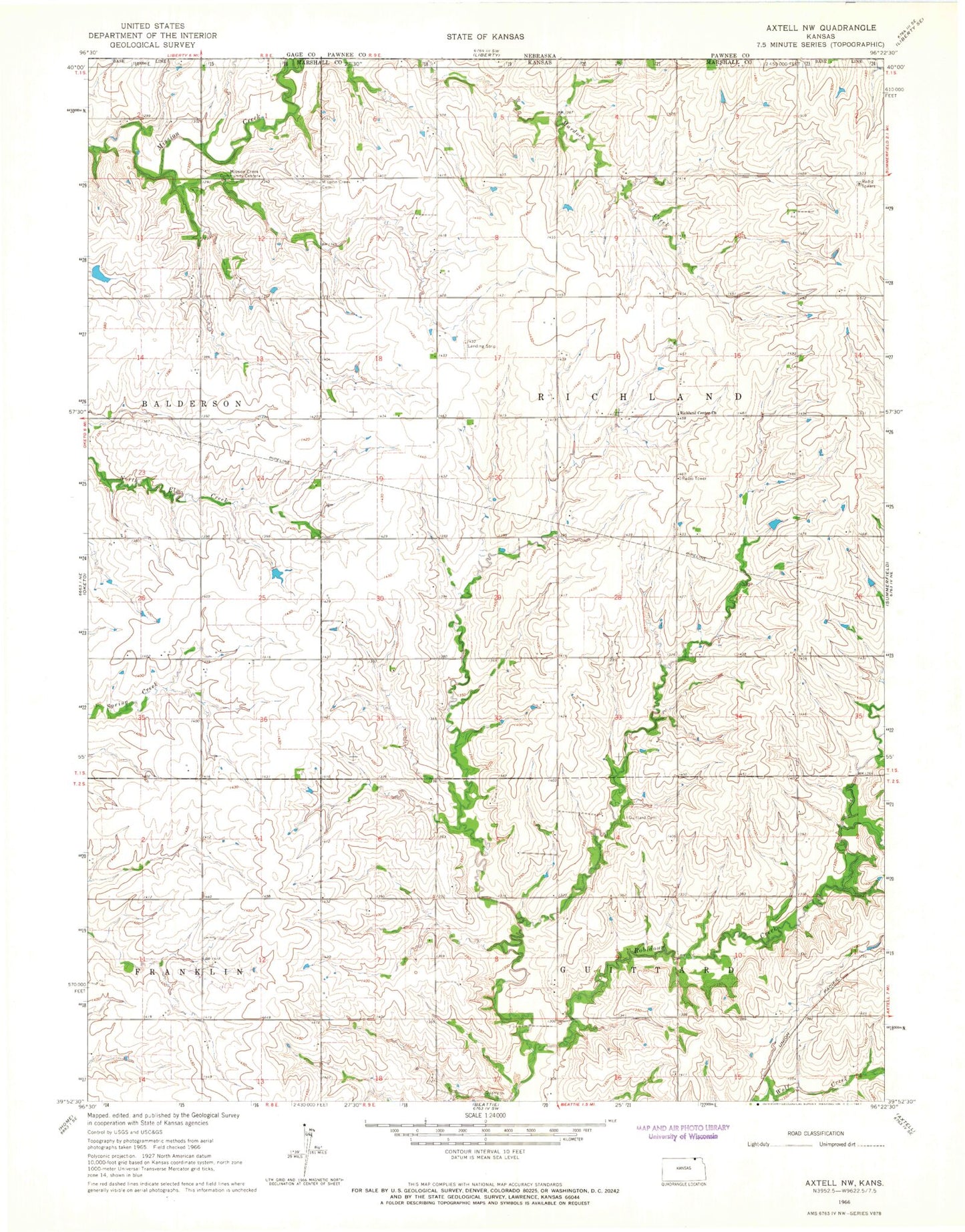 Classic USGS Axtell NW Kansas 7.5'x7.5' Topo Map Image