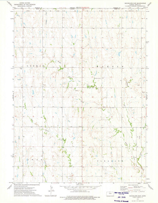 Classic USGS Bachelors Run Kansas 7.5'x7.5' Topo Map Image