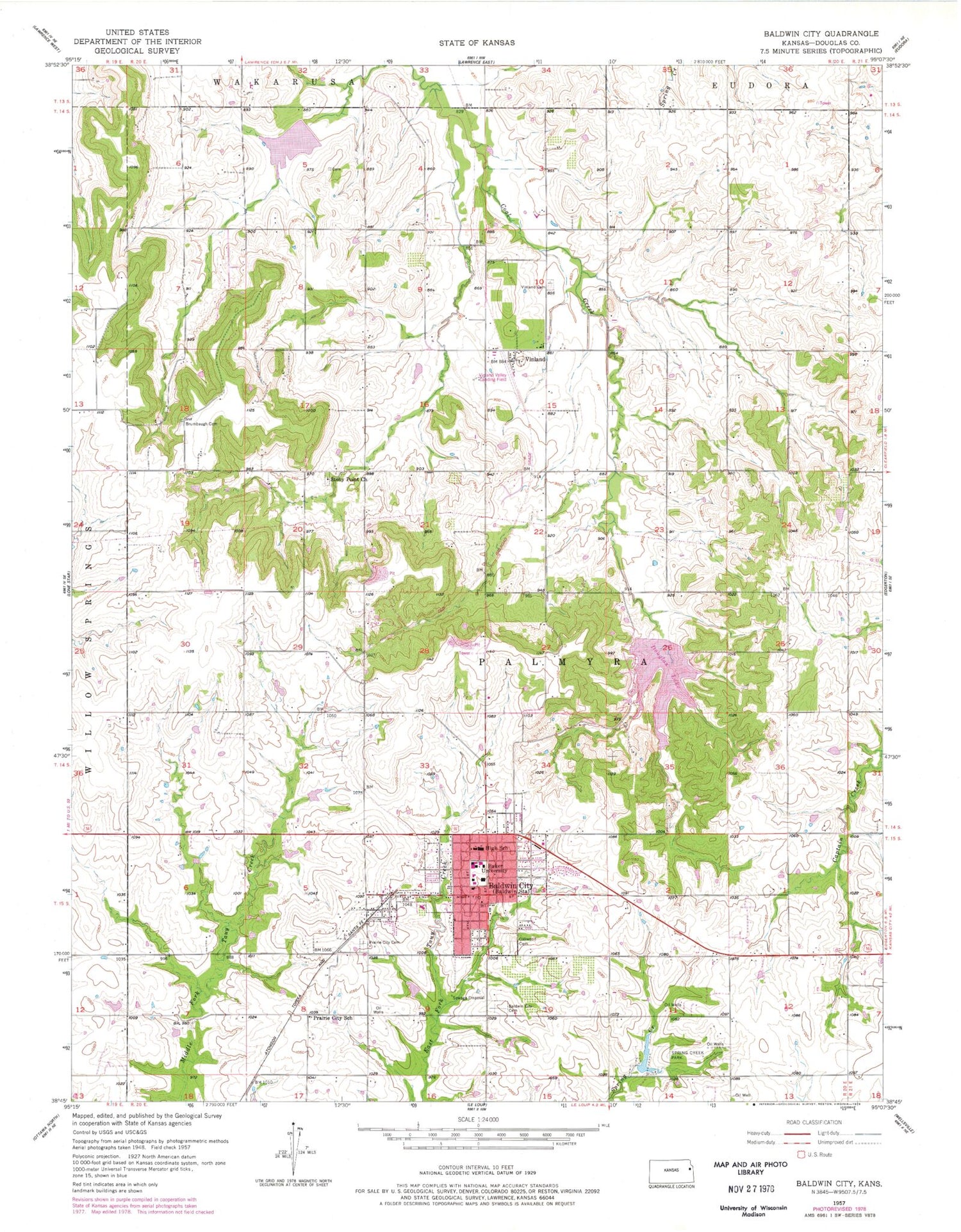 Classic USGS Baldwin City Kansas 7.5'x7.5' Topo Map Image