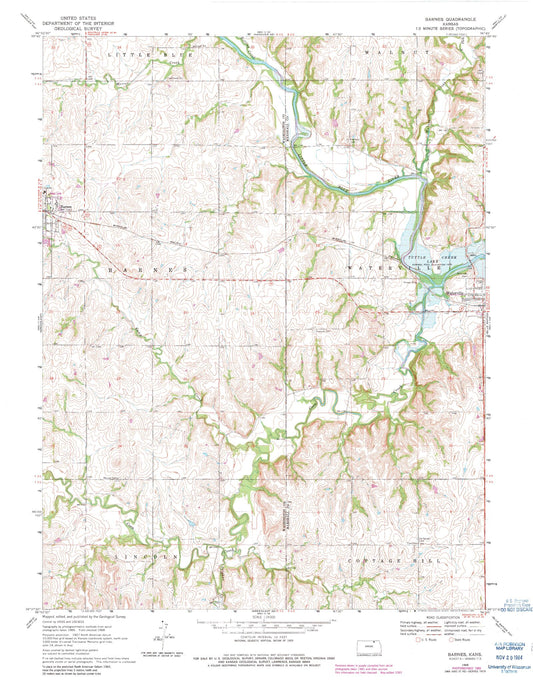 Classic USGS Barnes Kansas 7.5'x7.5' Topo Map Image