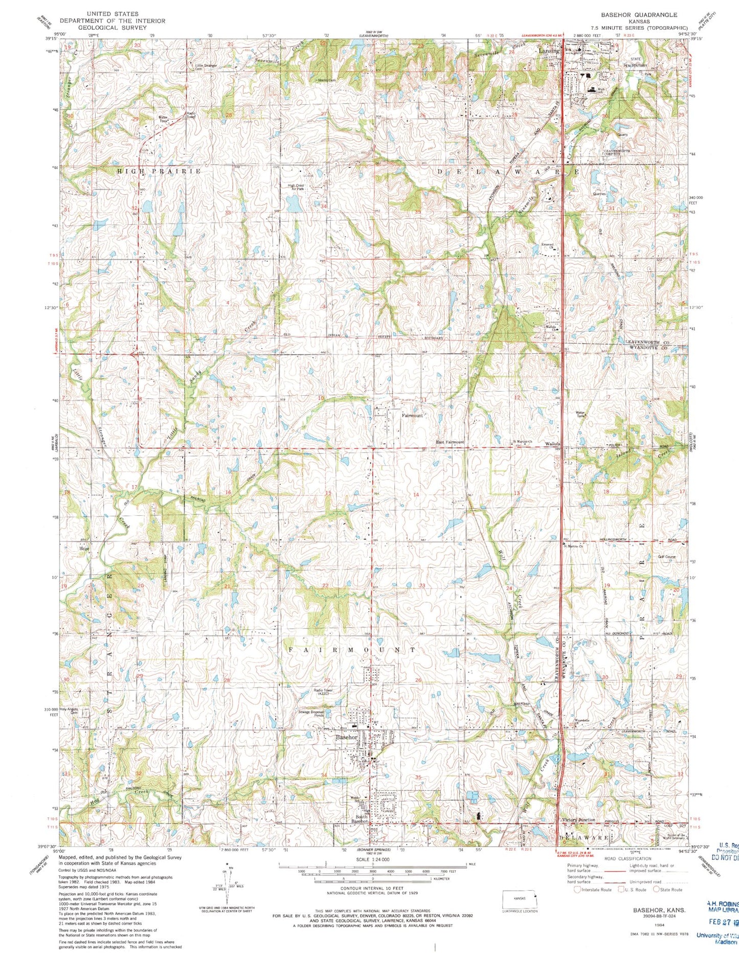 Classic USGS Basehor Kansas 7.5'x7.5' Topo Map Image