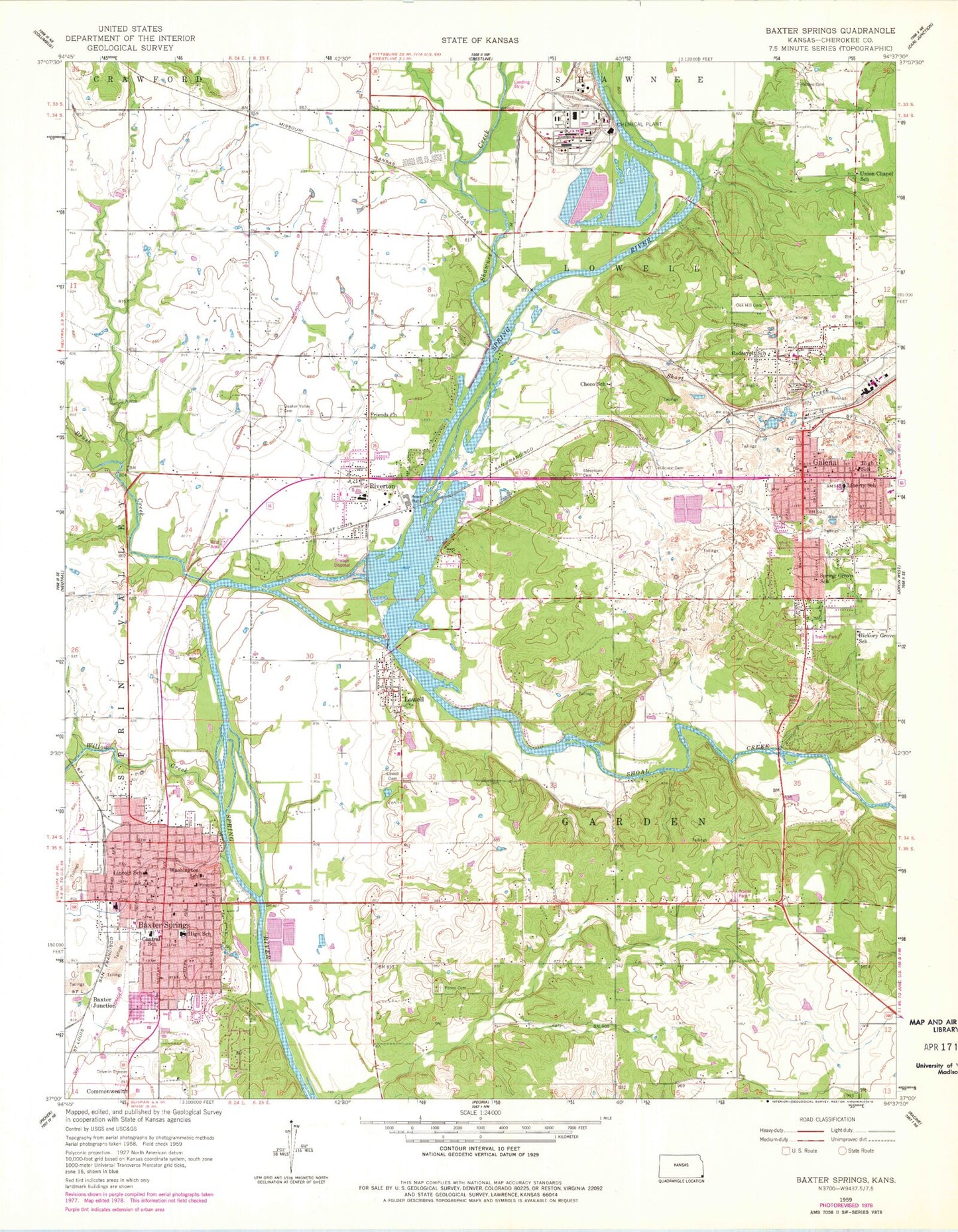 Classic USGS Baxter Springs Kansas 7.5'x7.5' Topo Map Image
