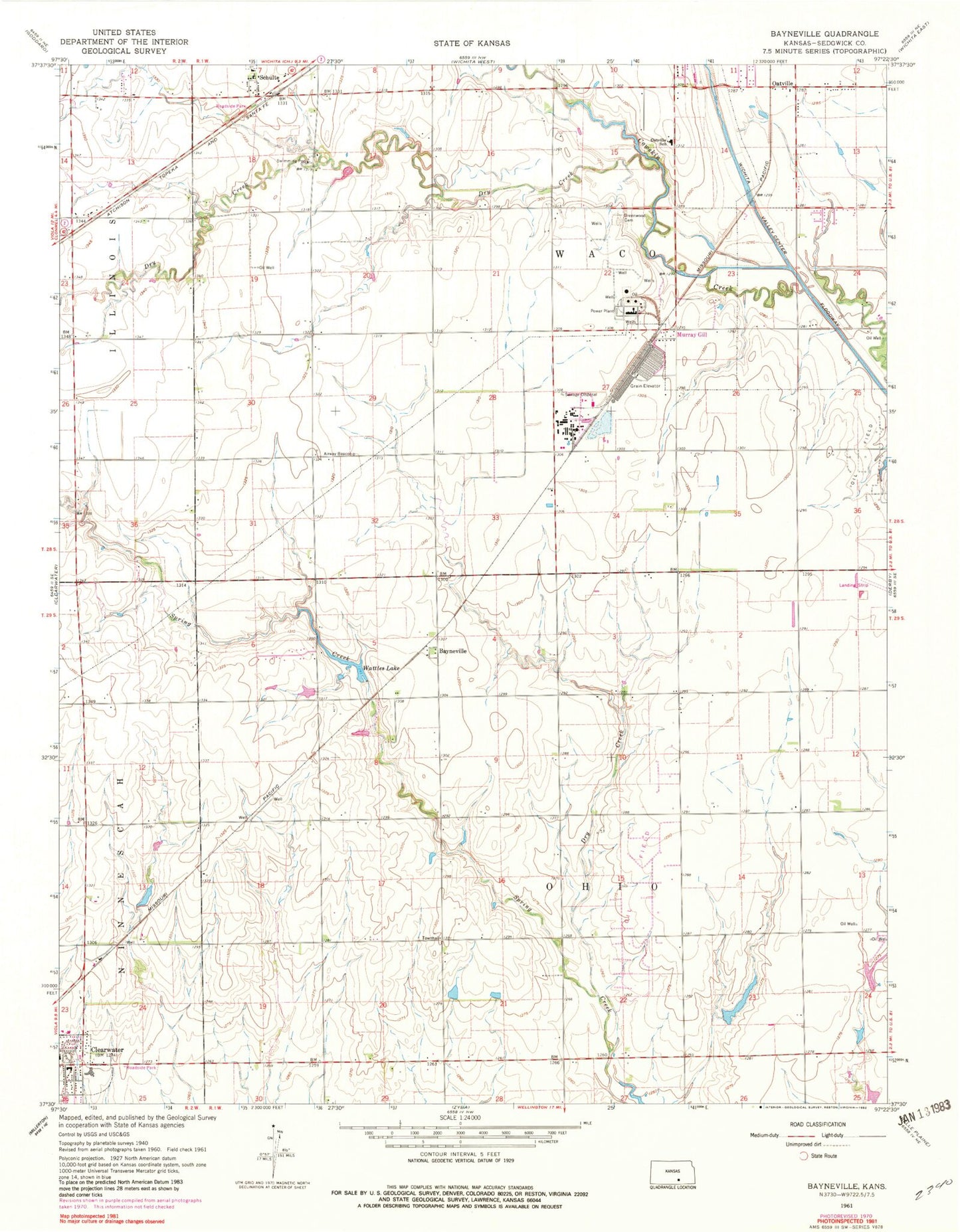 Classic USGS Bayneville Kansas 7.5'x7.5' Topo Map Image
