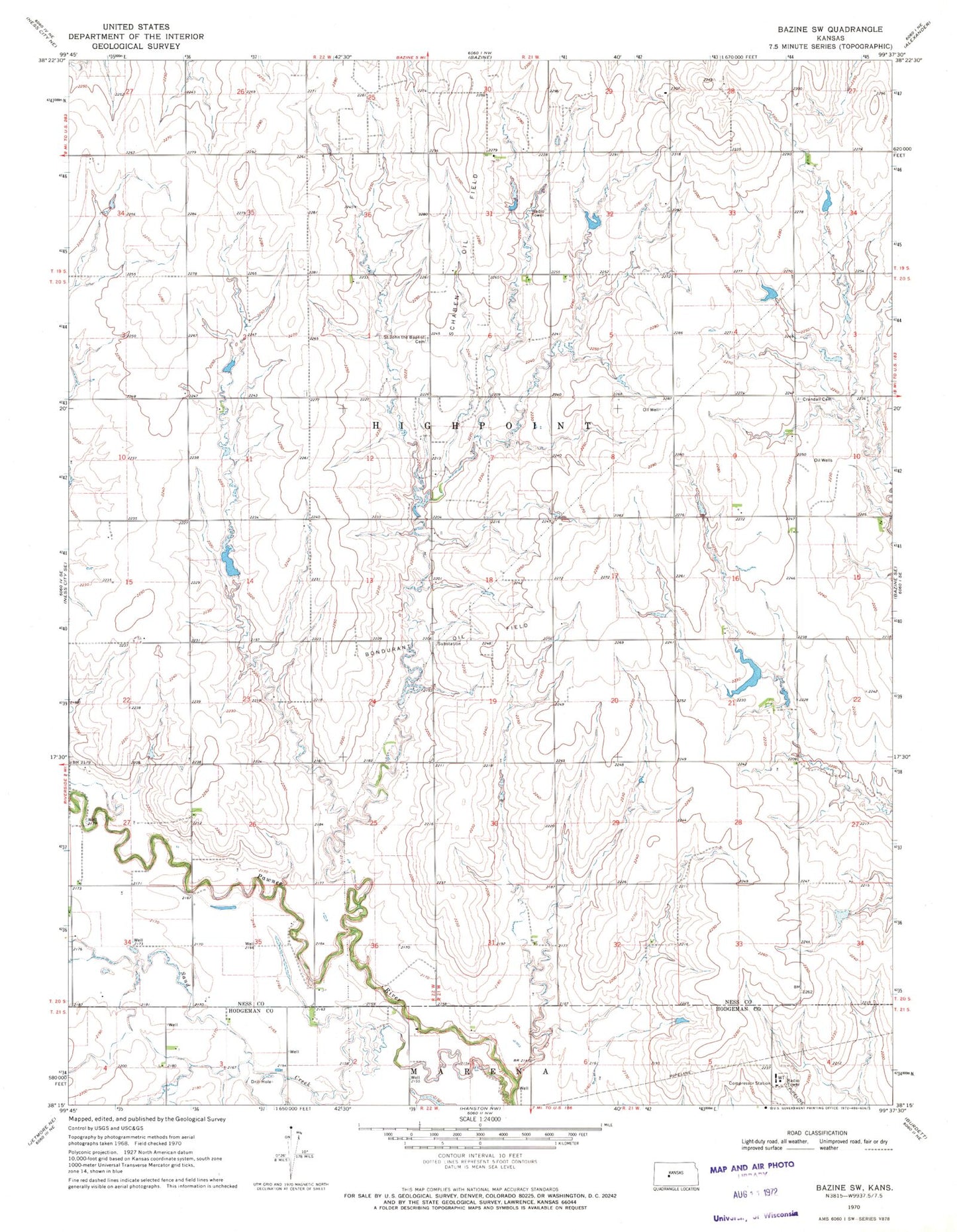 Classic USGS Bazine SW Kansas 7.5'x7.5' Topo Map Image