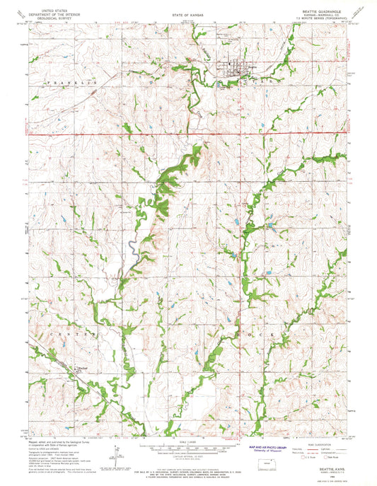 Classic USGS Beattie Kansas 7.5'x7.5' Topo Map Image