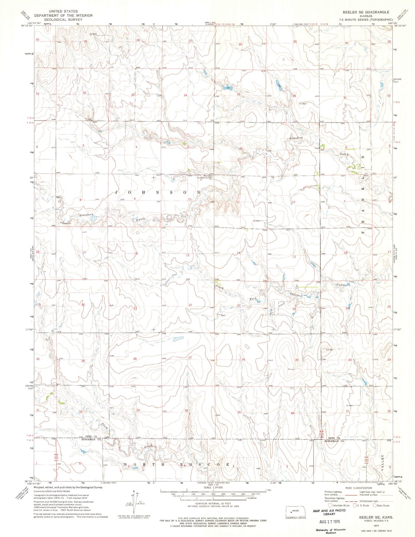 Classic USGS Beeler SE Kansas 7.5'x7.5' Topo Map Image
