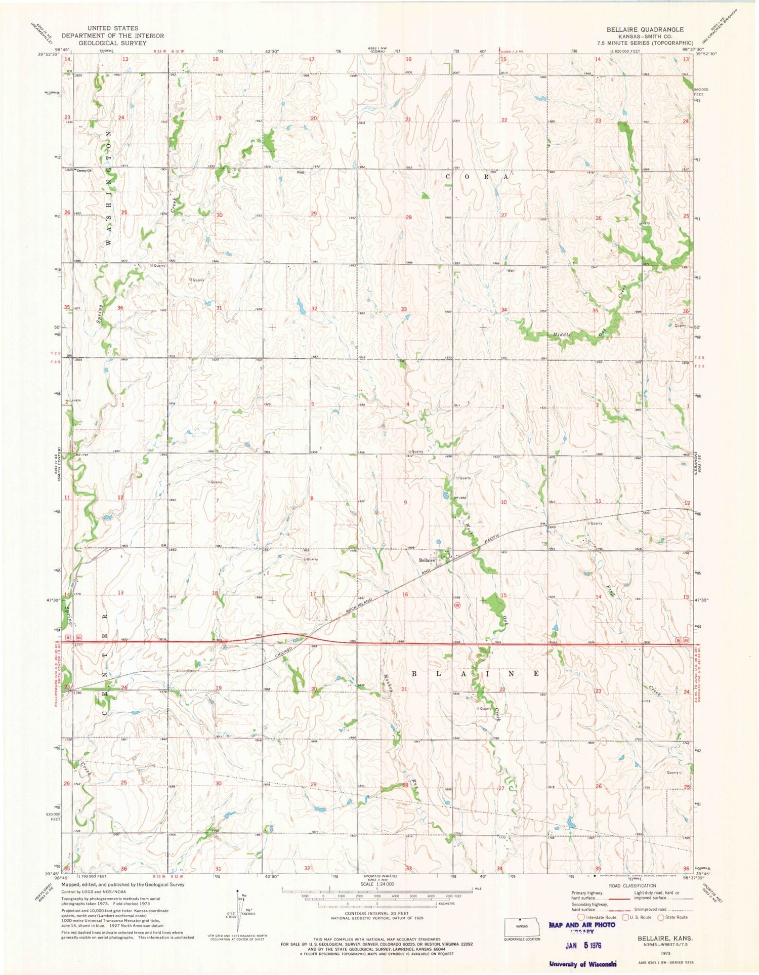 Classic USGS Bellaire Kansas 7.5'x7.5' Topo Map Image