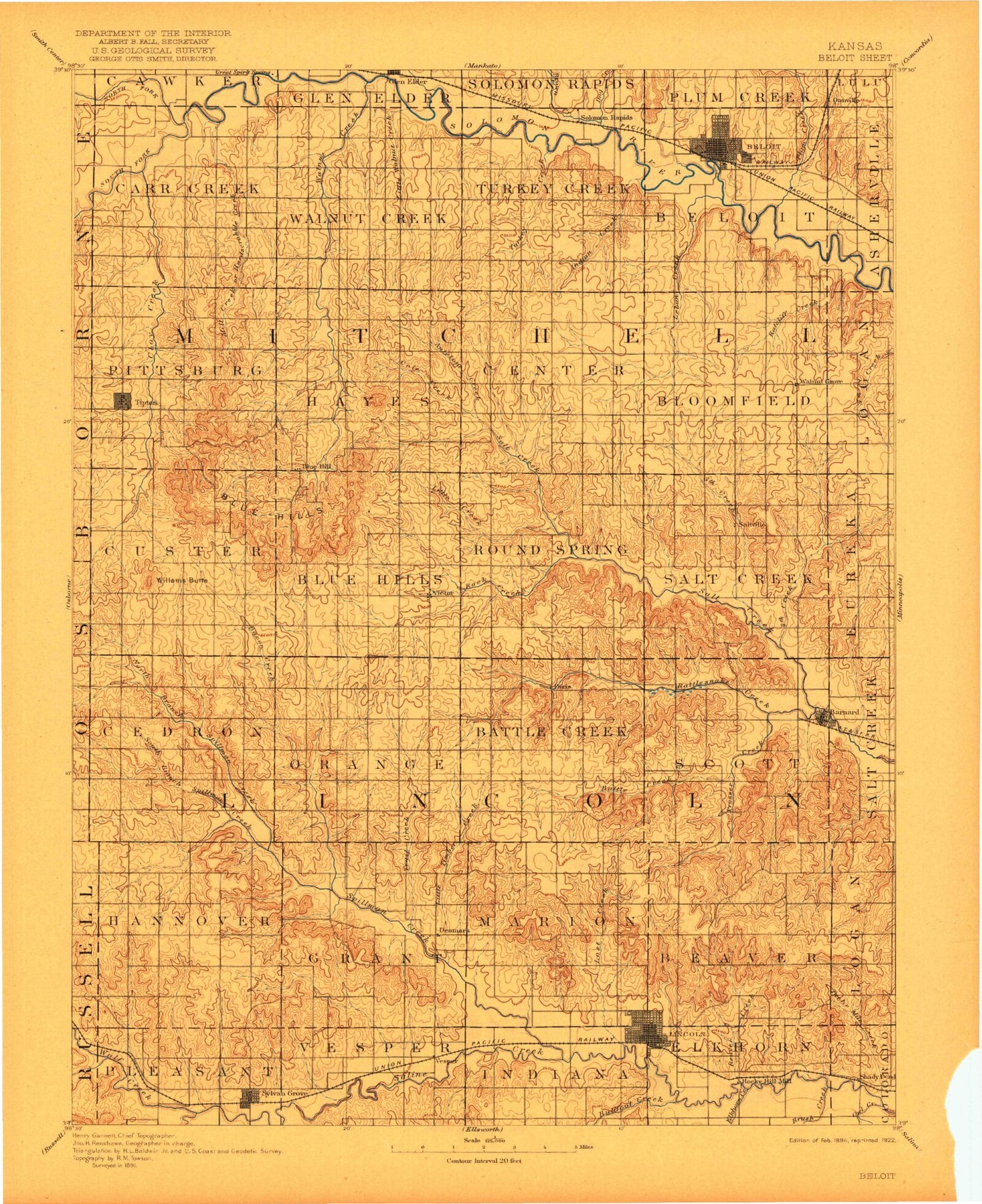 Historic 1894 Beloit Kansas 30'x30' Topo Map Image