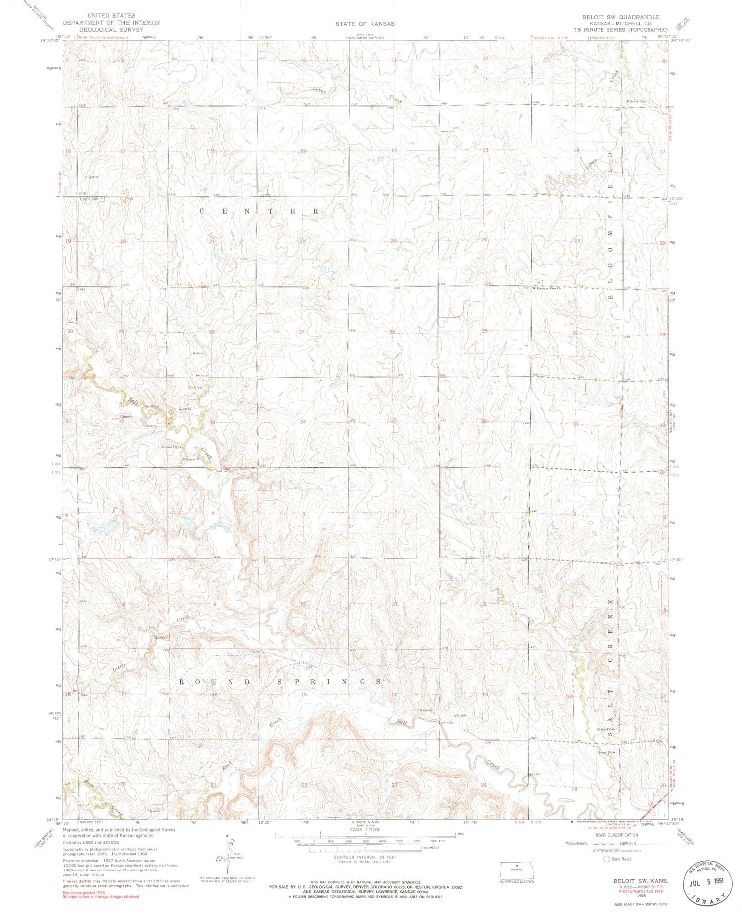Classic USGS Beloit SW Kansas 7.5'x7.5' Topo Map Image