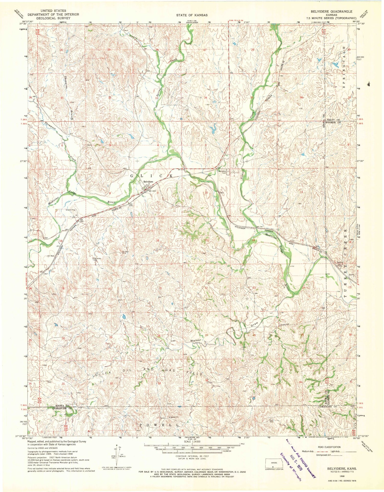 Classic USGS Belvidere Kansas 7.5'x7.5' Topo Map Image