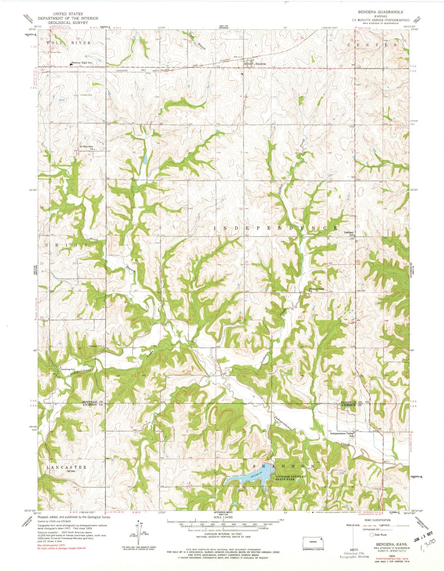 Classic USGS Bendena Kansas 7.5'x7.5' Topo Map Image