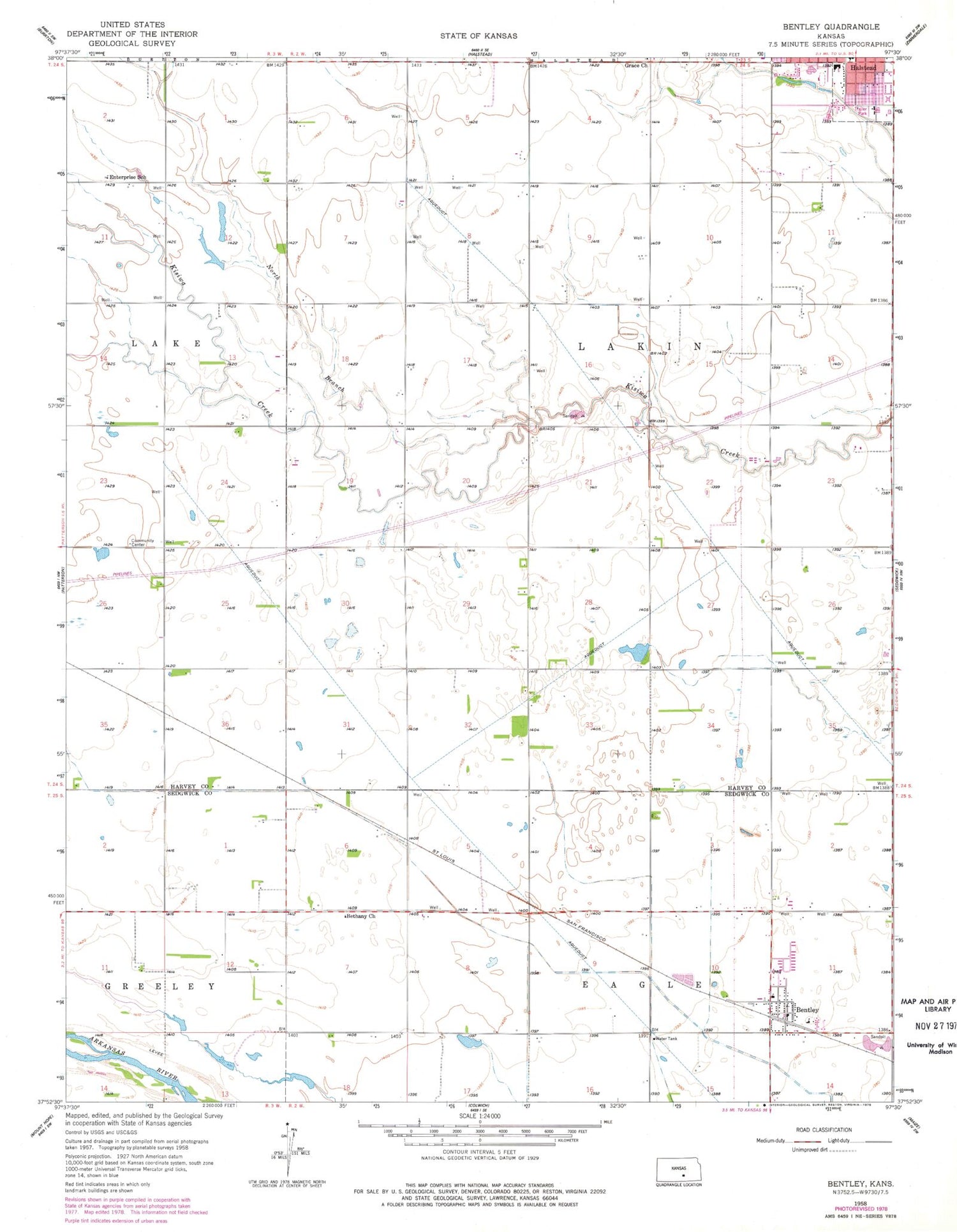 Classic USGS Bentley Kansas 7.5'x7.5' Topo Map Image
