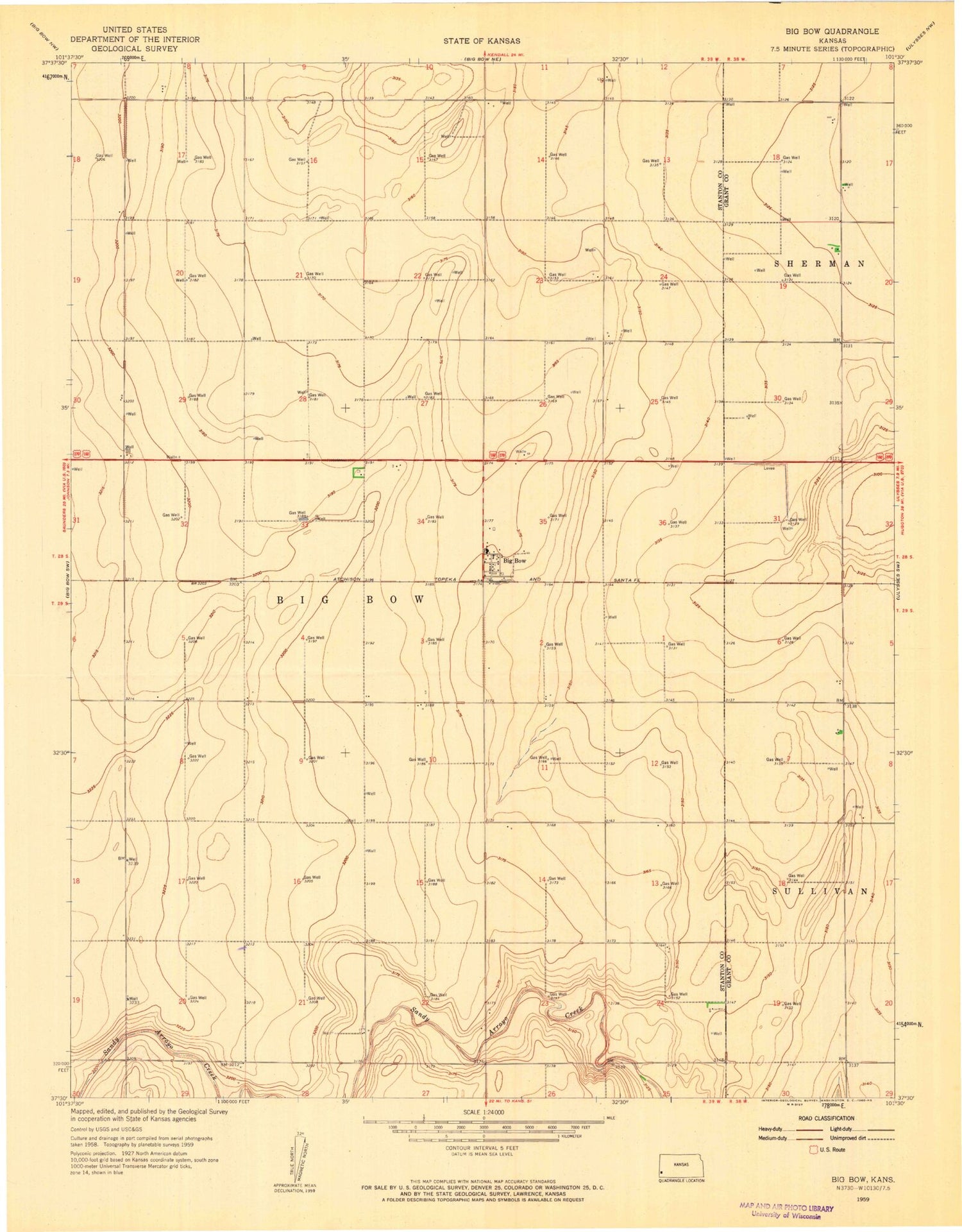 Classic USGS Big Bow Kansas 7.5'x7.5' Topo Map Image
