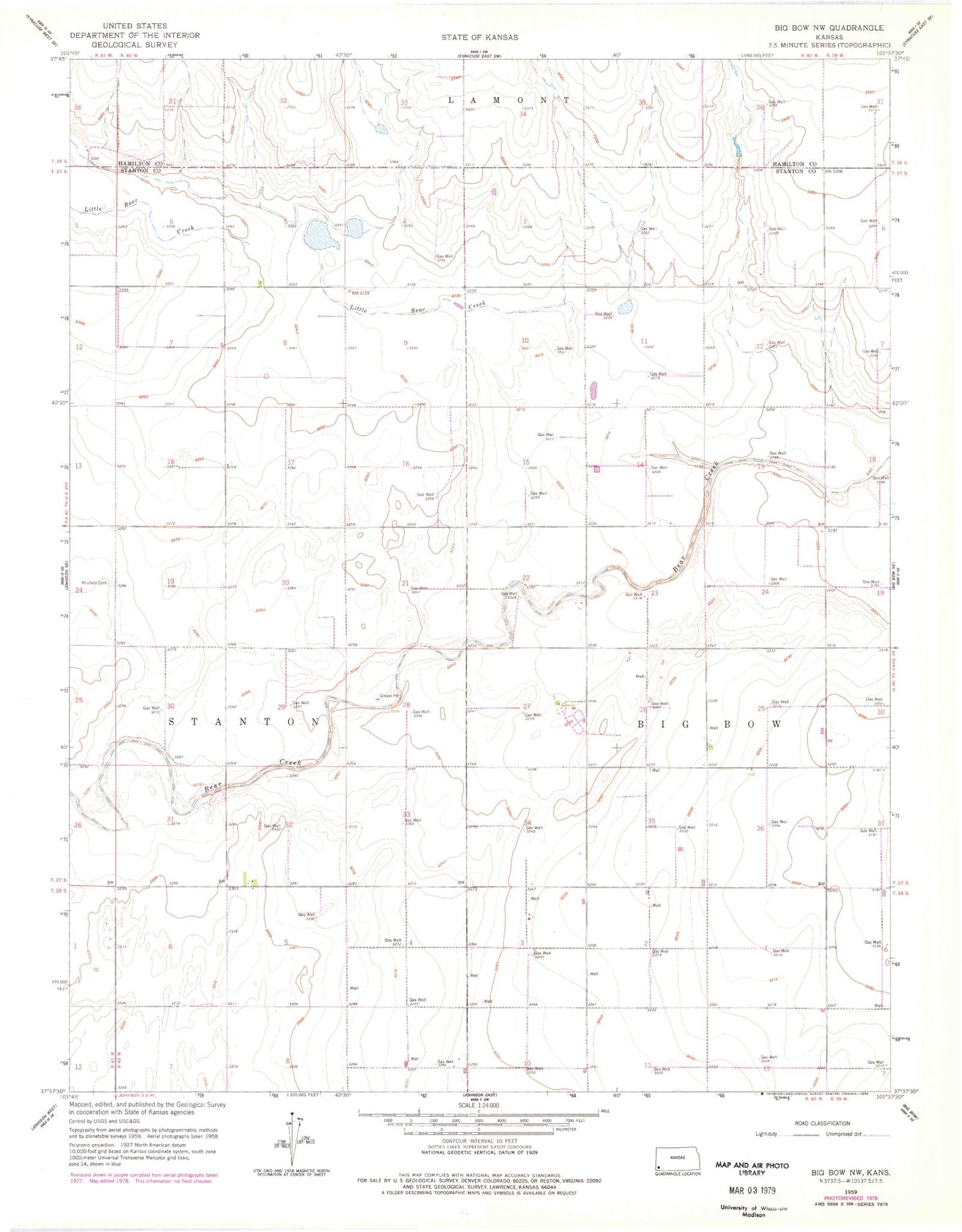 Classic USGS Big Bow NW Kansas 7.5'x7.5' Topo Map Image