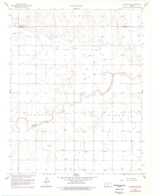 Classic USGS Big Bow NW Kansas 7.5'x7.5' Topo Map Image