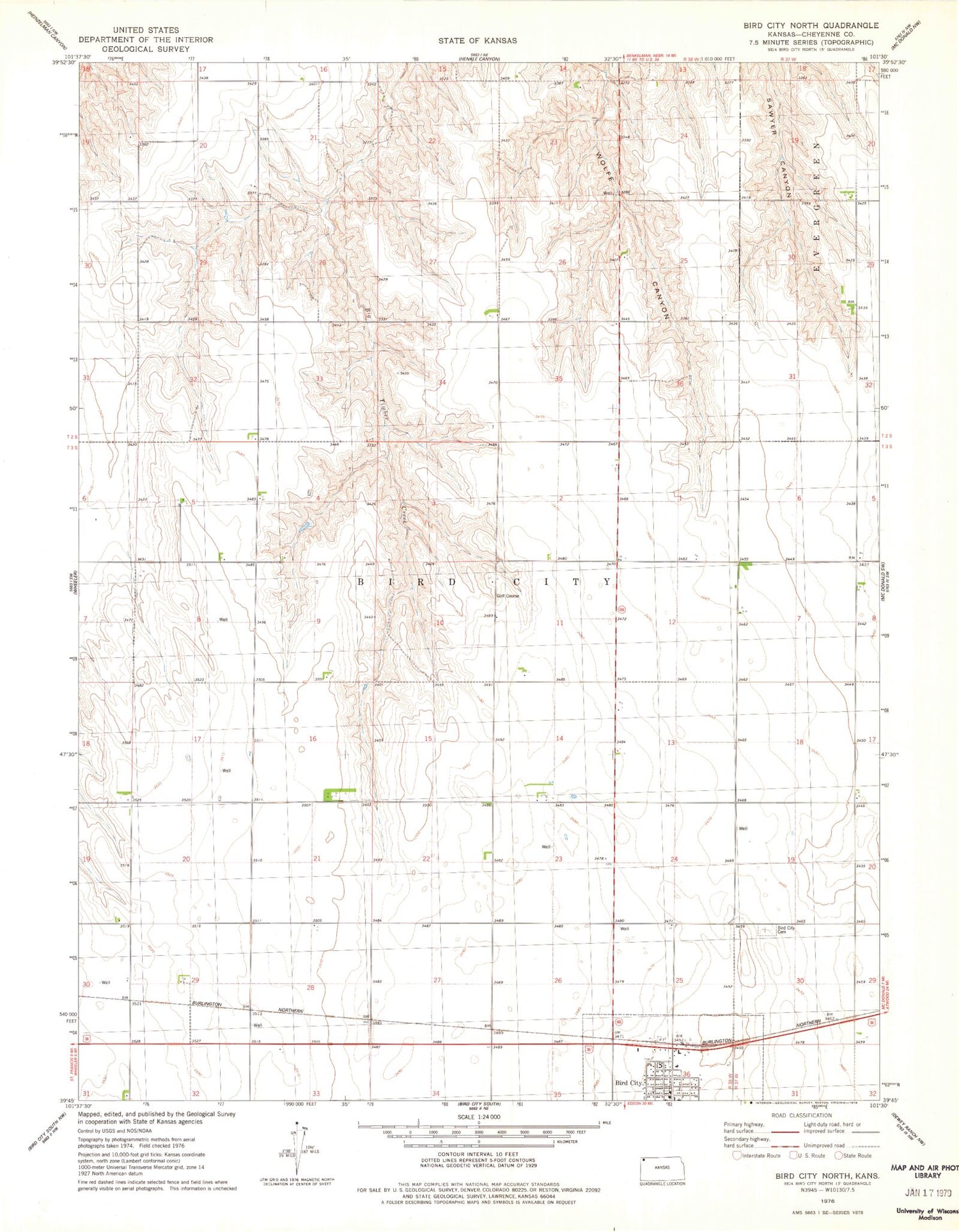 Classic USGS Bird City North Kansas 7.5'x7.5' Topo Map Image