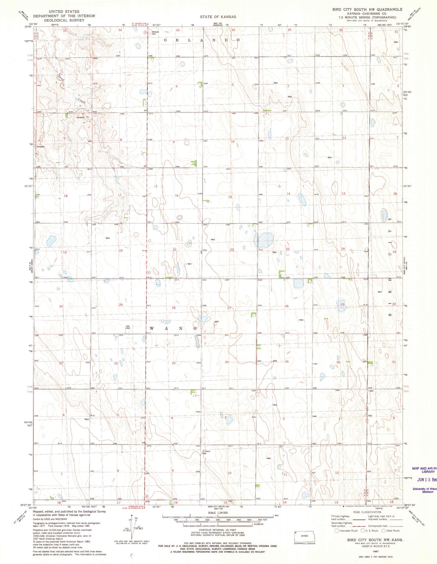 Classic USGS Bird City South NW Kansas 7.5'x7.5' Topo Map Image