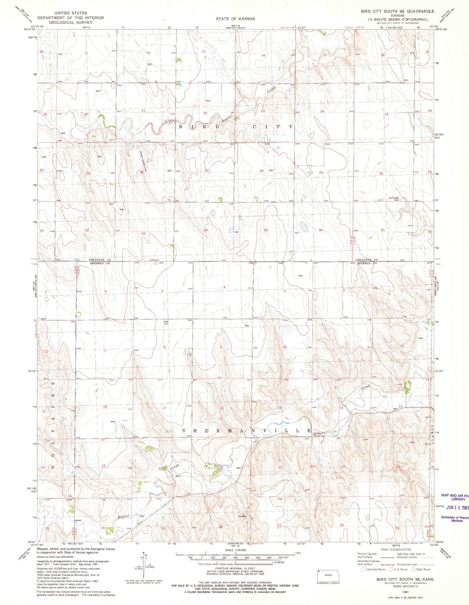Classic USGS Bird City South SE Kansas 7.5'x7.5' Topo Map Image