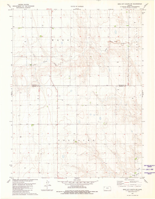 Classic USGS Bird City South SW Kansas 7.5'x7.5' Topo Map Image
