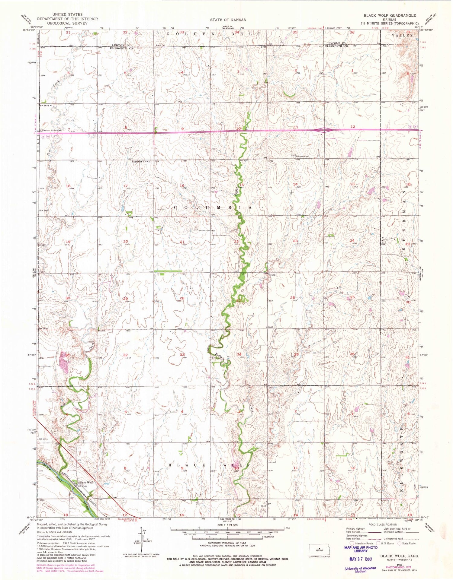 Classic USGS Black Wolf Kansas 7.5'x7.5' Topo Map Image