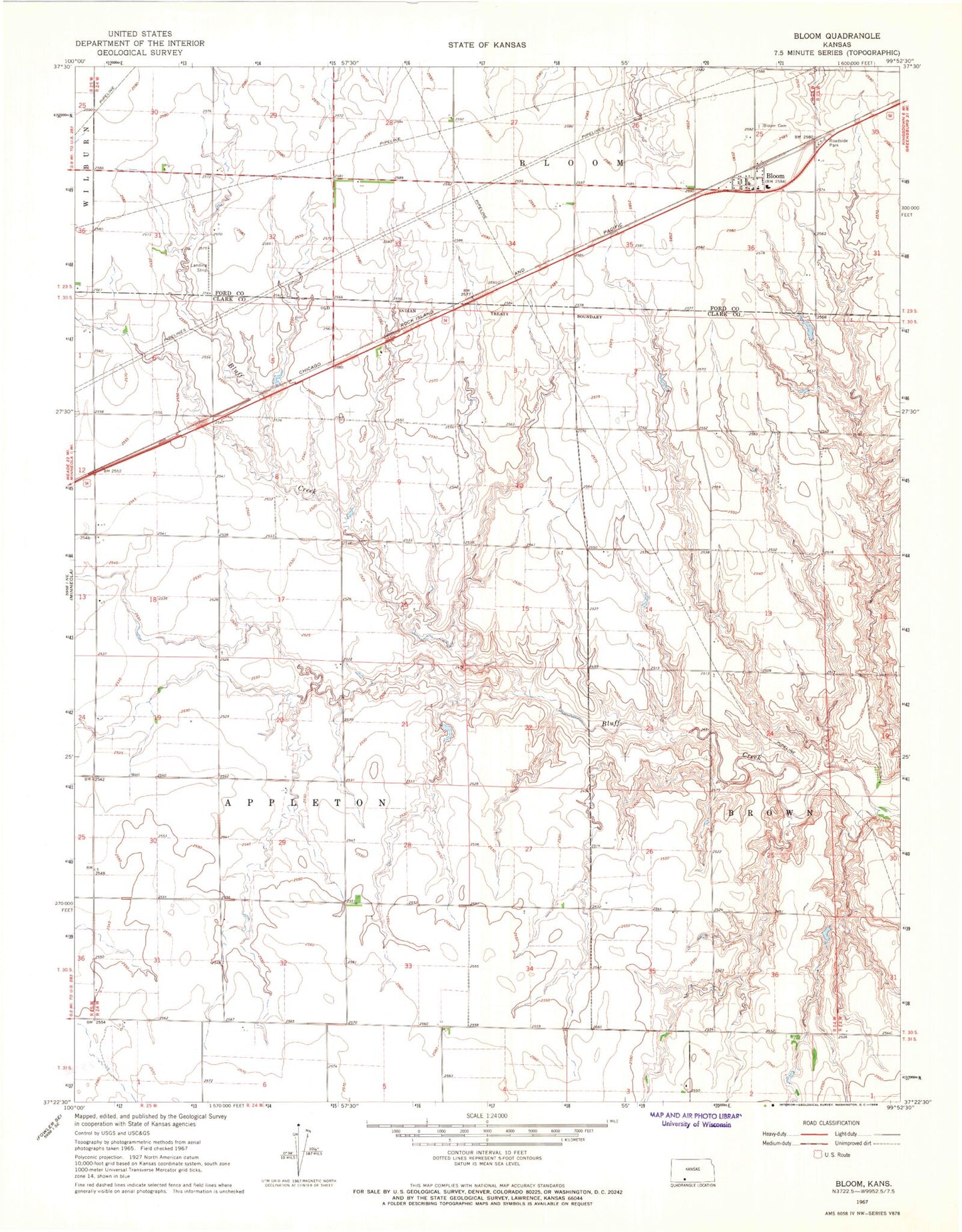 Classic USGS Bloom Kansas 7.5'x7.5' Topo Map Image