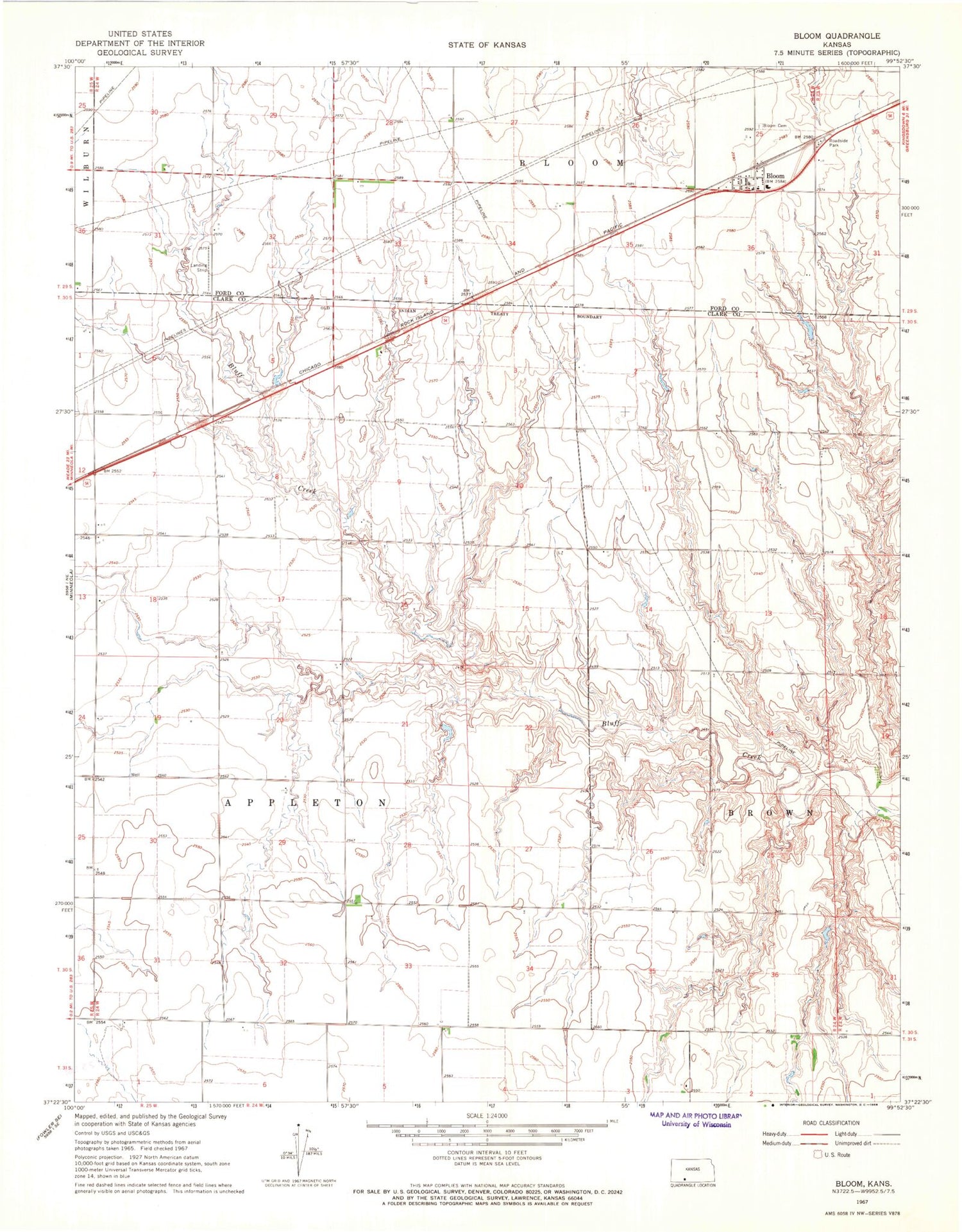 Classic USGS Bloom Kansas 7.5'x7.5' Topo Map Image