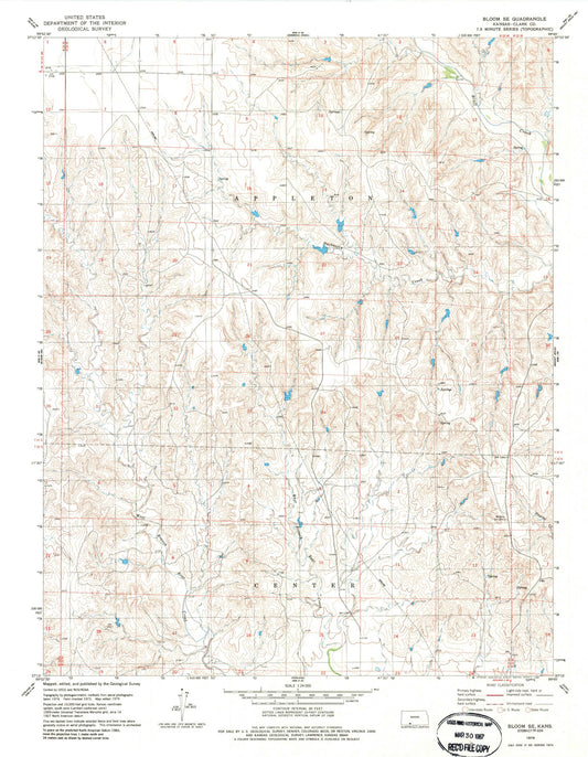 Classic USGS Bloom SE Kansas 7.5'x7.5' Topo Map Image