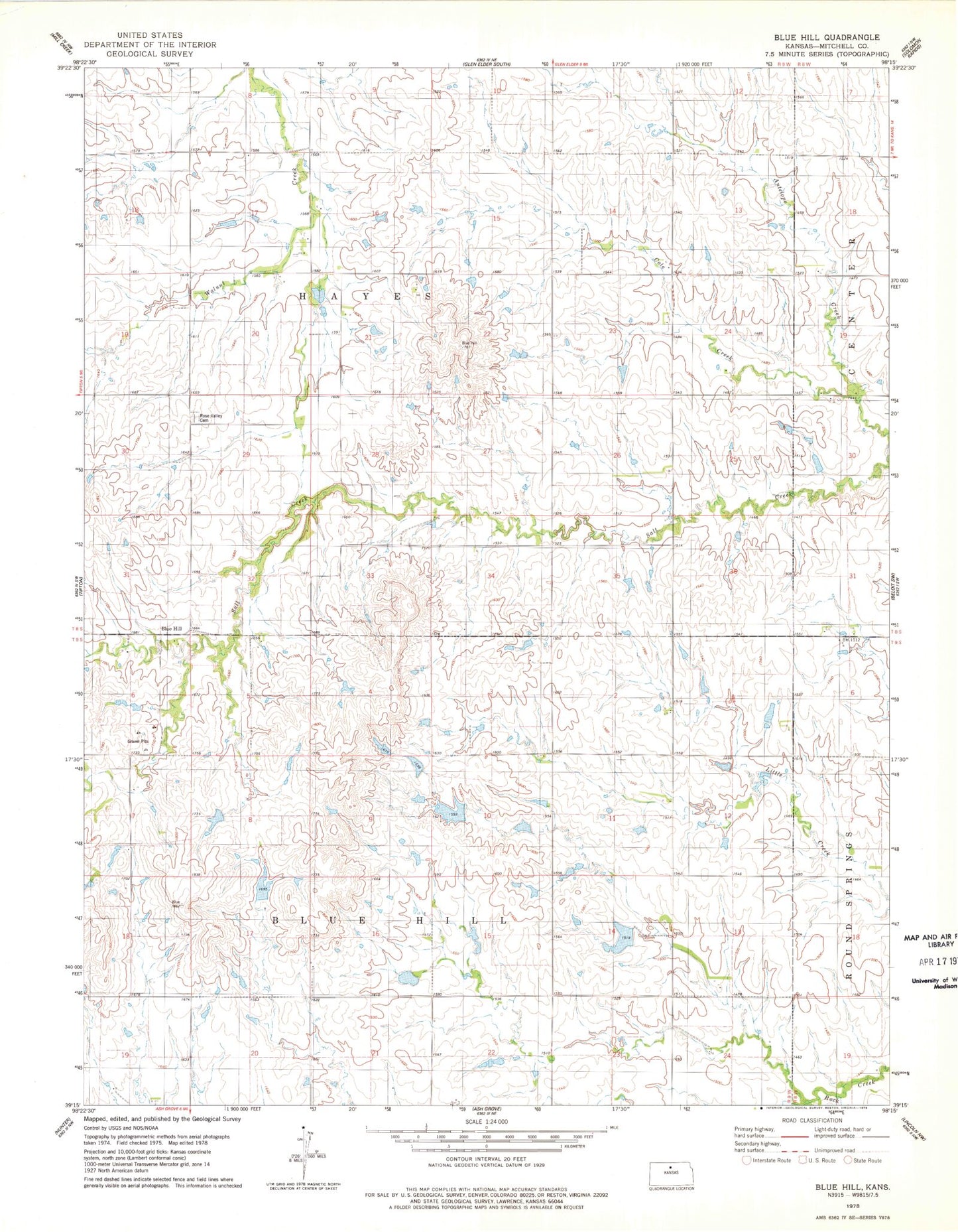 Classic USGS Blue Hill Kansas 7.5'x7.5' Topo Map Image