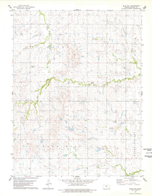 Classic USGS Blue Hill Kansas 7.5'x7.5' Topo Map Image