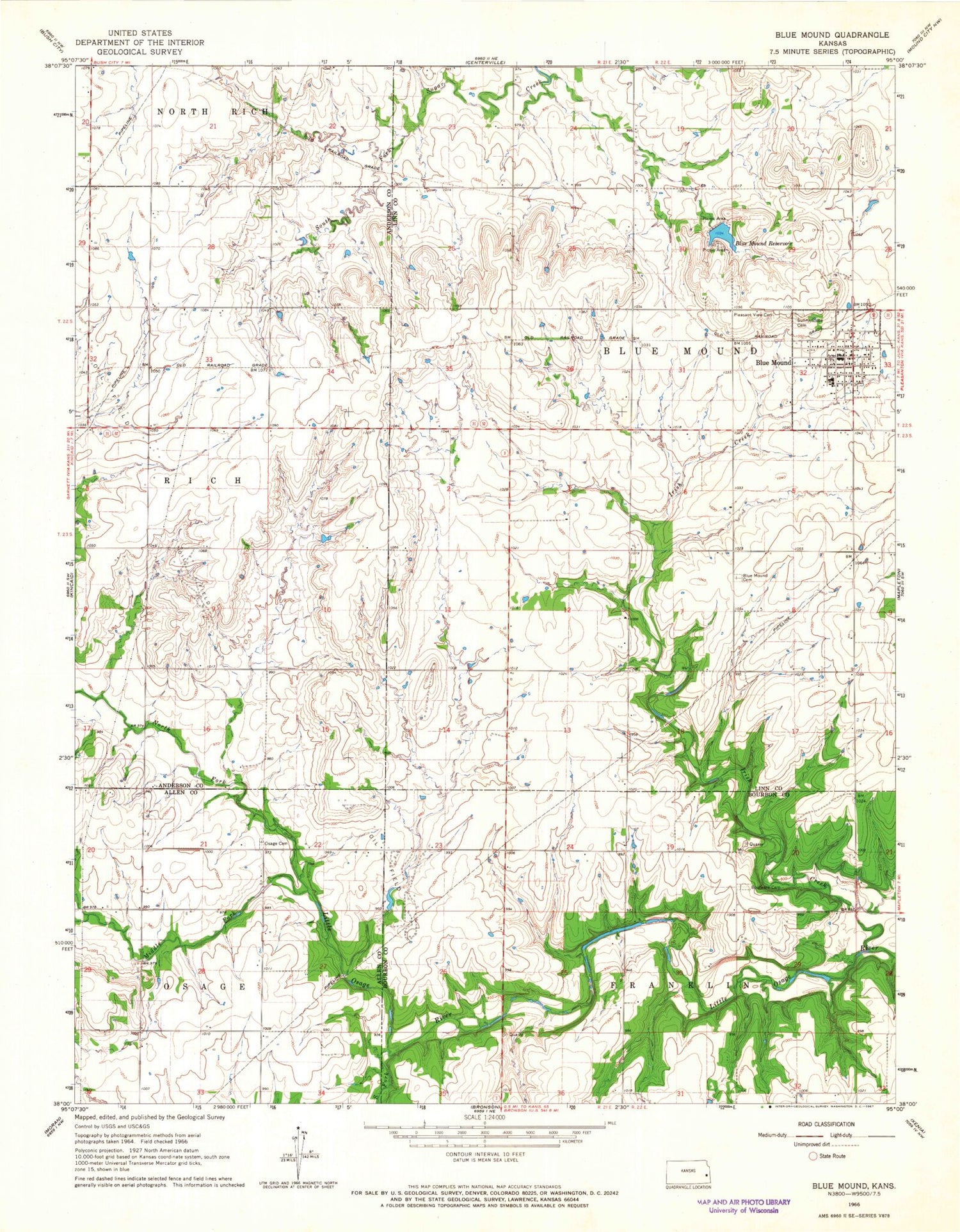 Classic USGS Blue Mound Kansas 7.5'x7.5' Topo Map Image