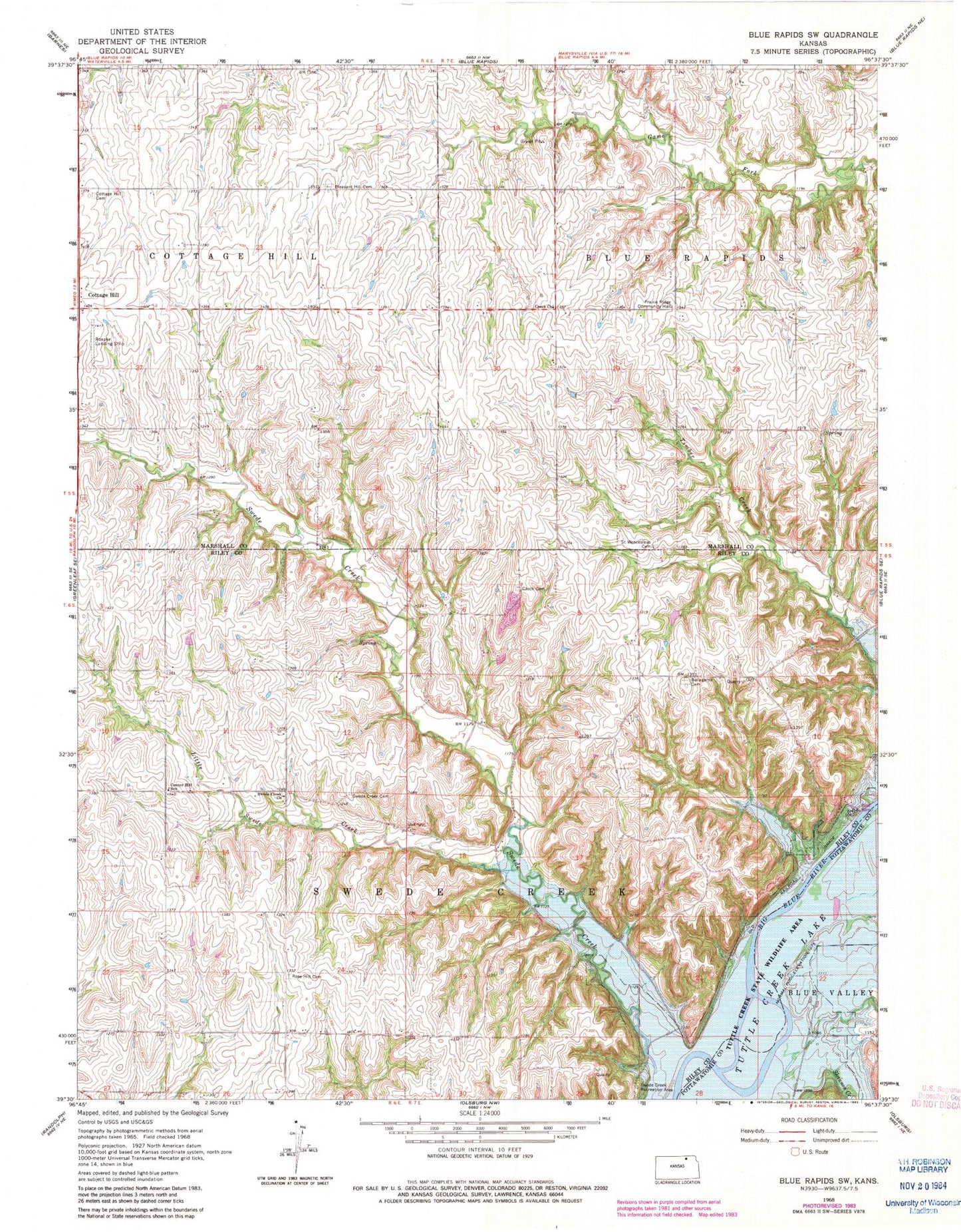 Classic USGS Blue Rapids SW Kansas 7.5'x7.5' Topo Map Image