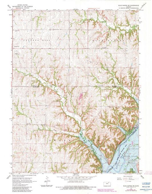 Classic USGS Blue Rapids SW Kansas 7.5'x7.5' Topo Map Image