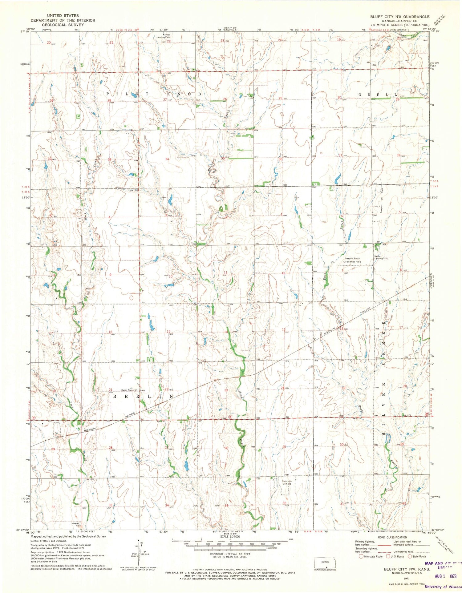 Classic USGS Bluff City NW Kansas 7.5'x7.5' Topo Map Image