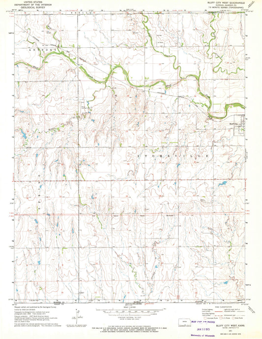 Classic USGS Bluff City West Kansas 7.5'x7.5' Topo Map Image