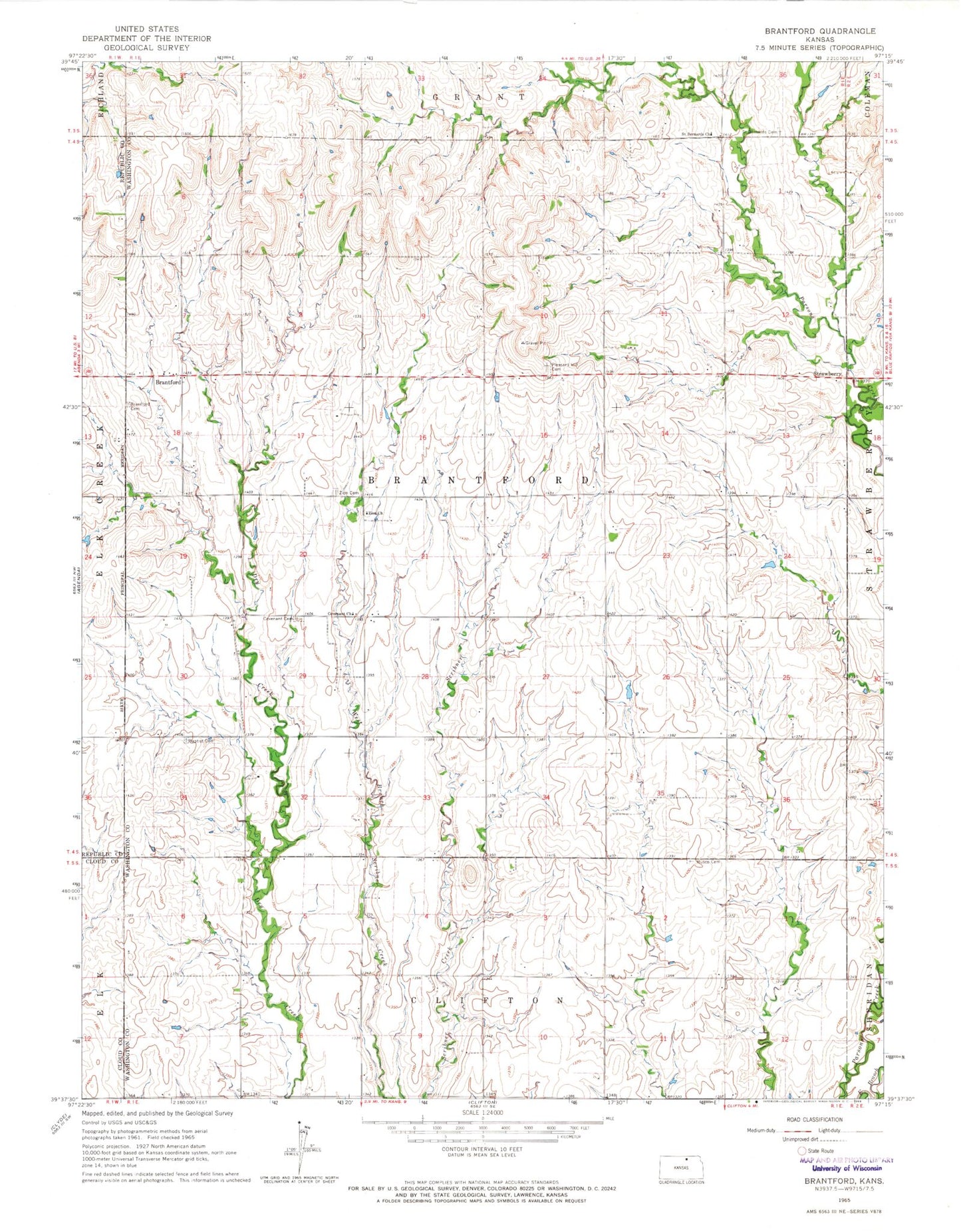 Classic USGS Brantford Kansas 7.5'x7.5' Topo Map Image